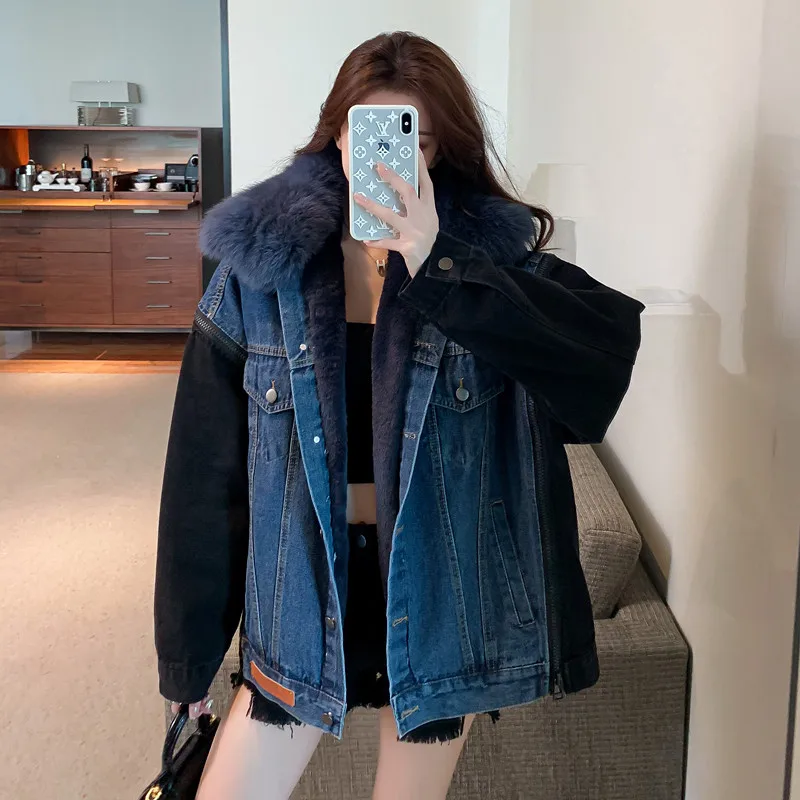 Женская куртка Winter Thicken Women Warm Jackets Fashion Streetwear Faux Rabbit Fur Liner Jean Coats Graffiti Chic Collar Coat