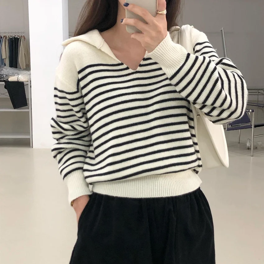

Korean Knitted Pullover Autumn New Simple Lapel Striped Sweater Top And Versatile Long Sleeve Sweater Women