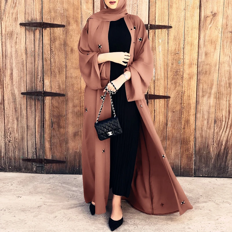 

Donsignet Muslim Dress 2021 Dubai Muslim Fashion Bead Islamic Cardigan Dress Ramadan Middle East Abaya Turkey Robes Dress Belt