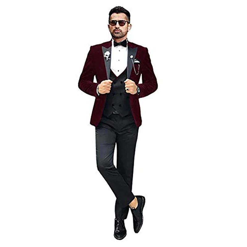 

Men's Velvet Slim Fit Suits Formal Tuxedos Peak Lapel Groom Wedding Jackets 3 Piece Jacket Vest and Pants Sets Blazer Masculino