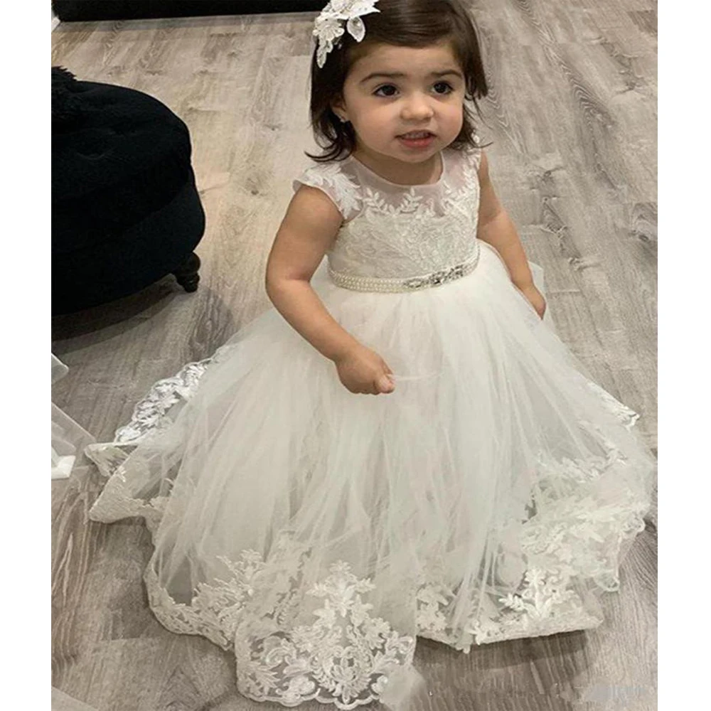 

2-14 Years Flower Girl Dresses Jewel Pageant Gowns With Lace Applique A-Line Pearls Sashes Floor-Length Girl Formal Party Dress