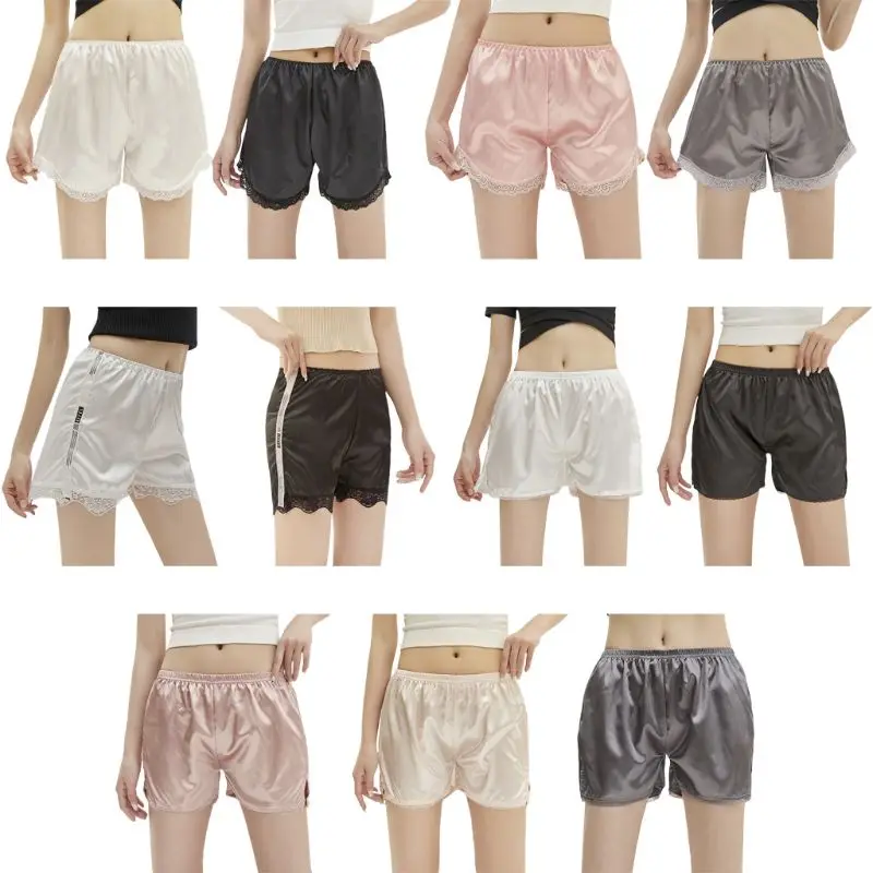 

Women Scalloped Lace Trim Safety Shorts Imitation Silk Letters Striped Loose Slip Bloomer Pants Solid Color Side Slit Pettipants