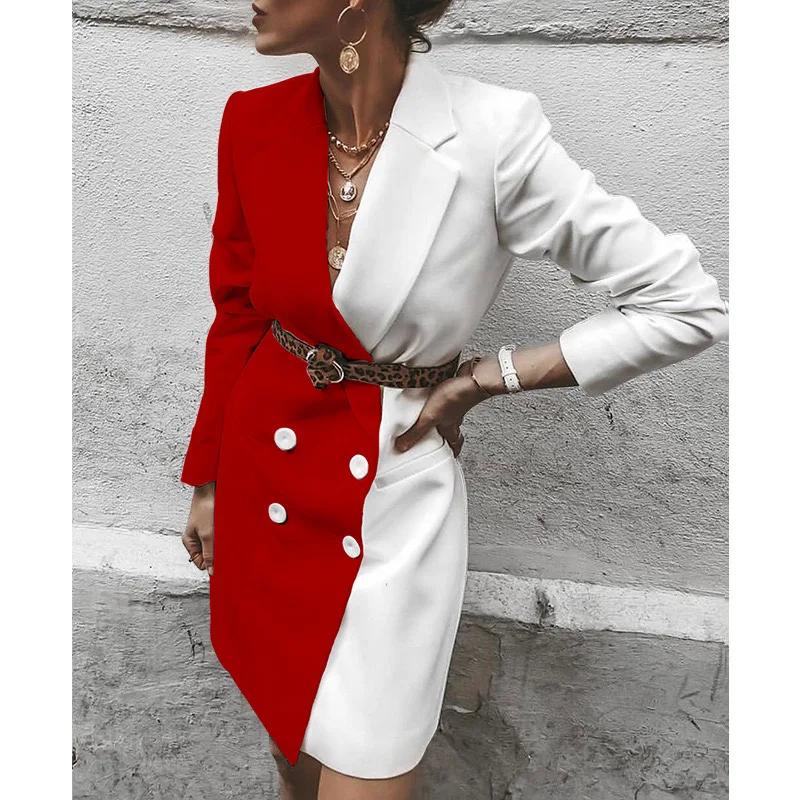 

Women Suit Double Breasted Coat Long Blazer Stitching Office Lady Jacket Female Dress Windbreaker Undefined Overcoat Clothes