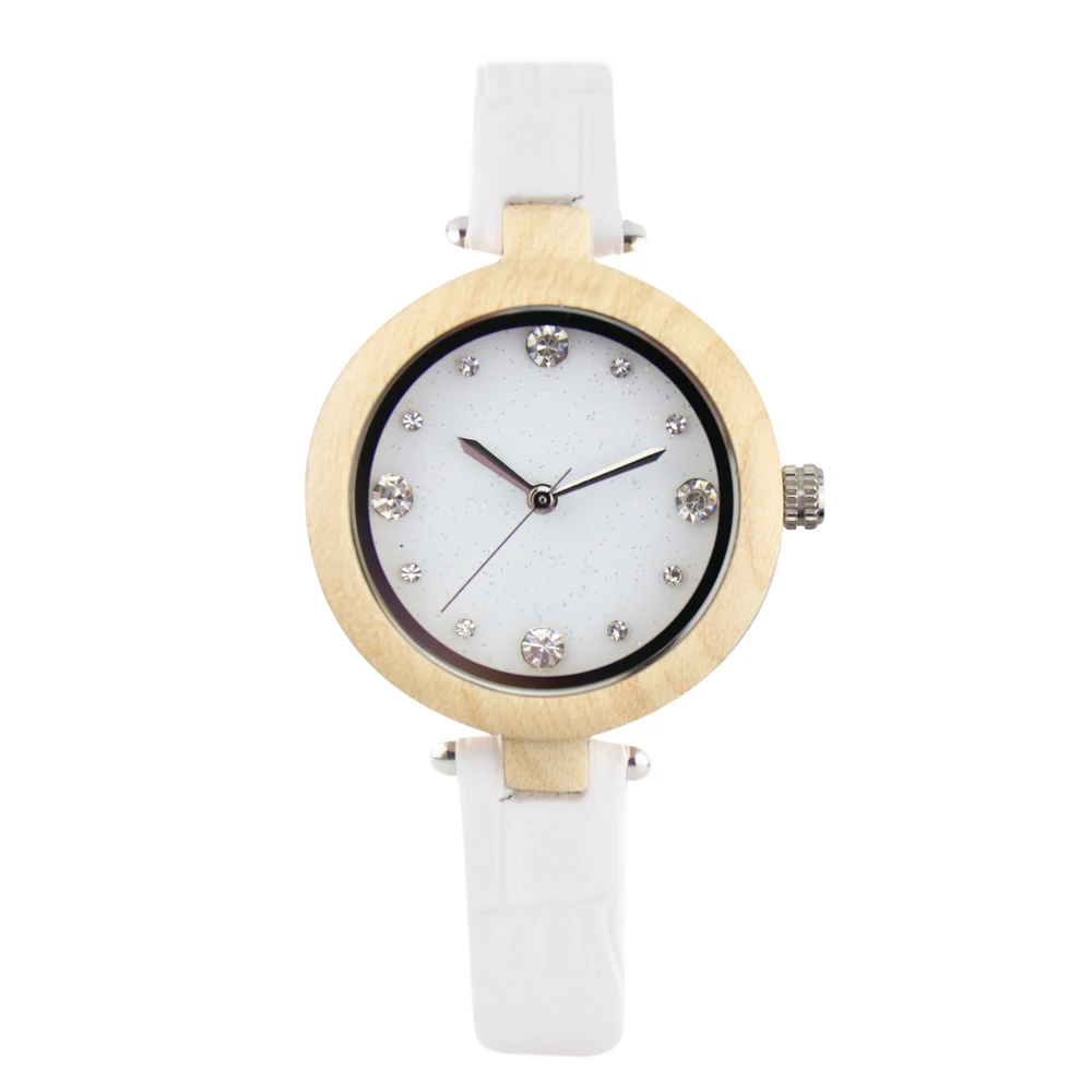 Минималистичные часы из бамбука креативные женские с фианитом натурального