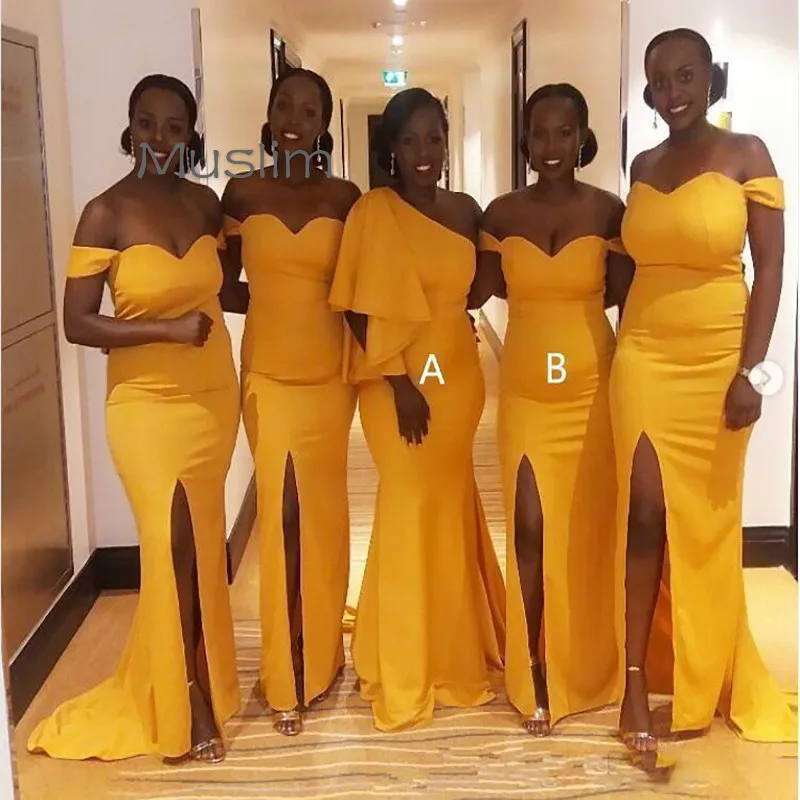 

Different Style Yellow Mermaid Bridesmaid Dresses 2021 Off The Shouder Satin Plus Size African Wedding Guest Dress Cheap Evening