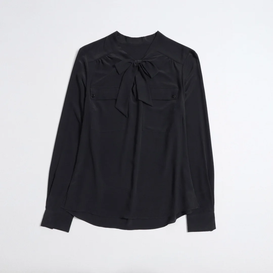 

Women's Long Sleeve Blouse with Bow Tie Double Pockets Simple Loose Shirt 2021 Spring Autumn Office Ladies Silk Shirt Tops