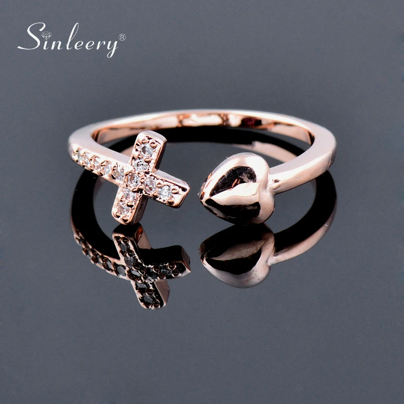 

SINLEERY Adjustable Rings For Women Rose Gold Color Crystal Inlay Small Heart Cross Engagement Wedding Rings Jewelry JZ433 SSK