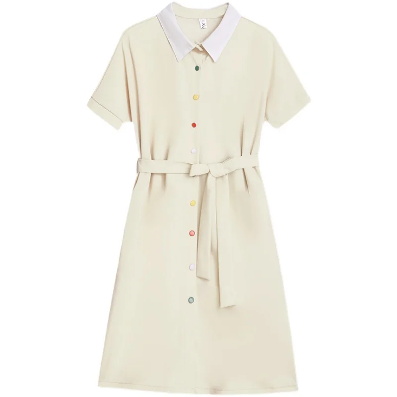 

COIGARSAM 3XL Plus Size Fashion Women dress New Summer French Style Belt Dresses Black Apricot 6025