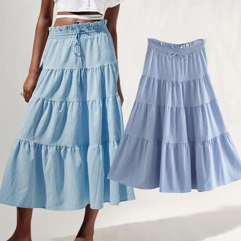 

Layered Stitching Plaid Elastic Waist Loose-Fitting Women's Skirt Sweet Harajuku Chic Female Skirt