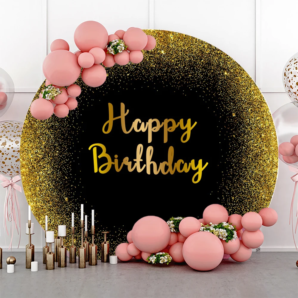 

Laeacco Happy Birthday Gold Dots Glitters Customized Round Circle Photography Backdrops Black Banner Portrait Photo Backgrounds