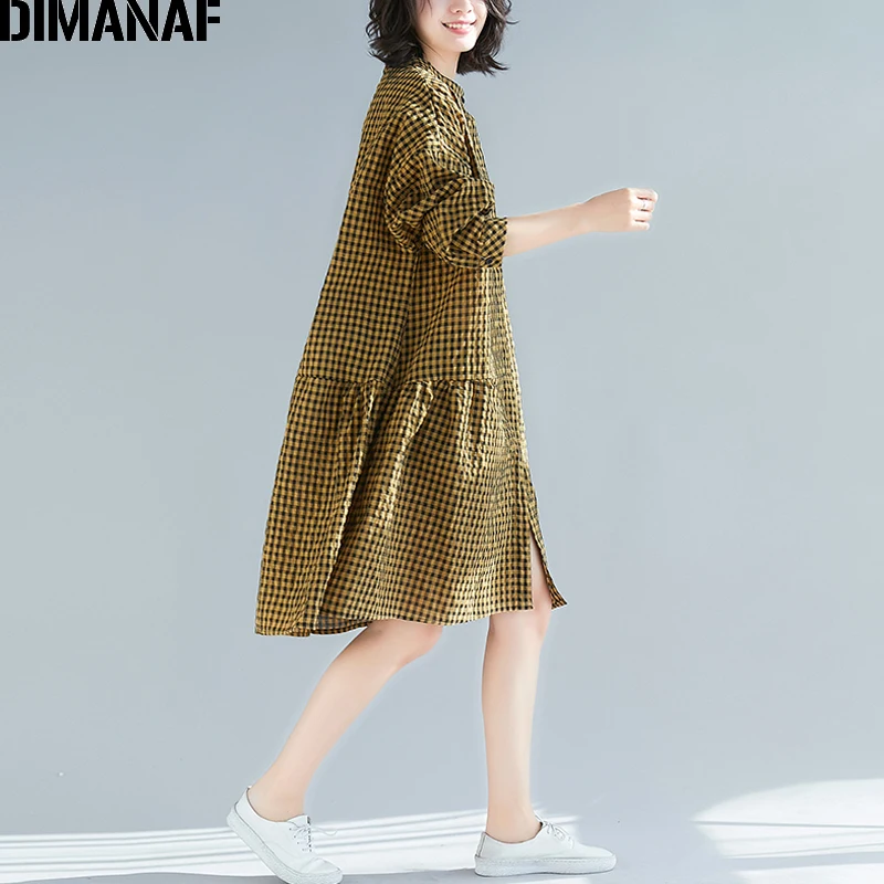 Женская рубашка с длинным рукавом DIMANAF хлопковая льняная блузка в клетку