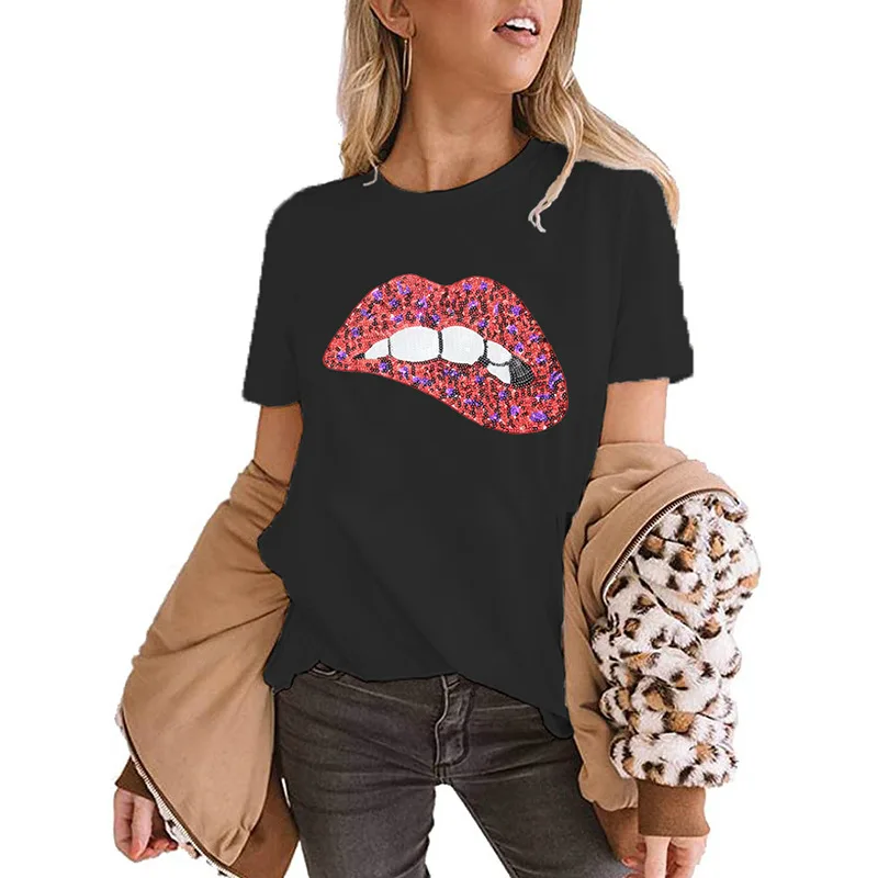 

2020 Exclusively New Ladies Sequins Embroidery Lips Pattern Crew Neck Short-Sleeved T-shirt