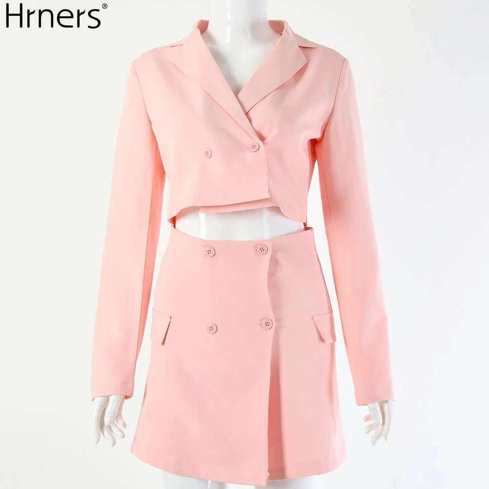 

Hrners 2021 Matching Set Blazer And Skirts Women England Style Navel Exposed Short Empire Blazer Feminino Femme Two Piece Set