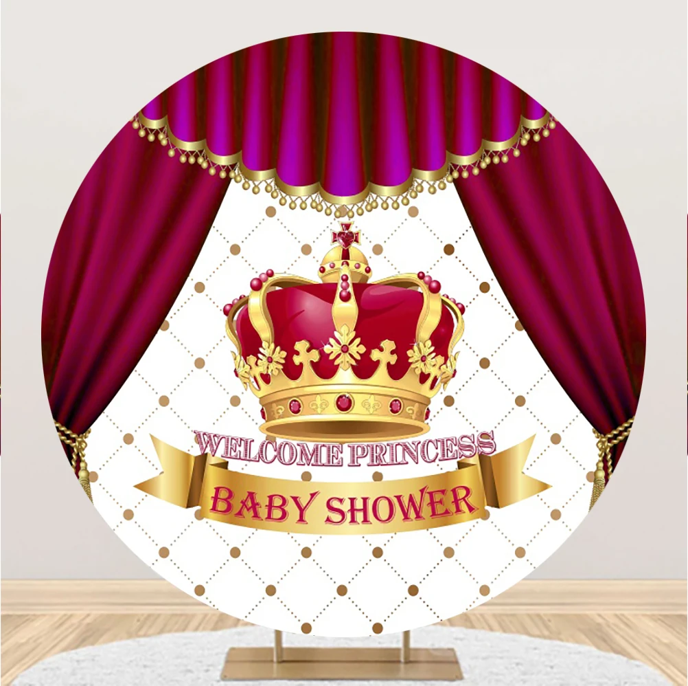 

Laeacco Welcome Princess Gold Crown Baby Shower Round Background Red Stage Curtain Personalized Circle Photographic Backdrops