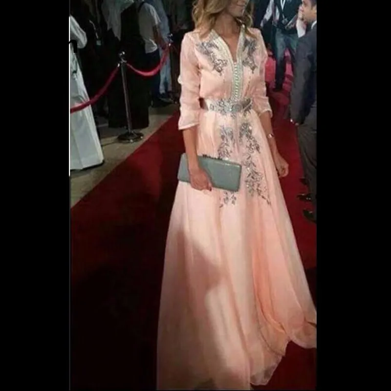 

Peach Muslim Evening Dresses Chiffon Full Sleeve Applique Crystals Islamic Dubai Kaftan Saudi Arabic Evening Gown Prom Dress