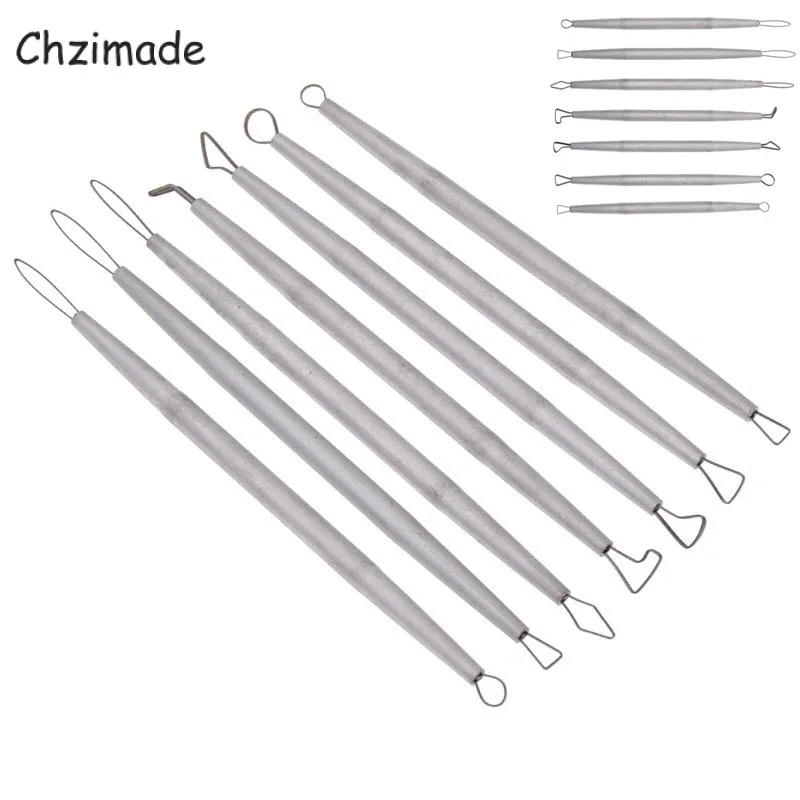 Chzimade 7Pcs Stainless Steel Aluminum Polymer Clay Modeling Tools Pottery Ceramic Sculpting Tools Carving Wire End Ribbon Tools