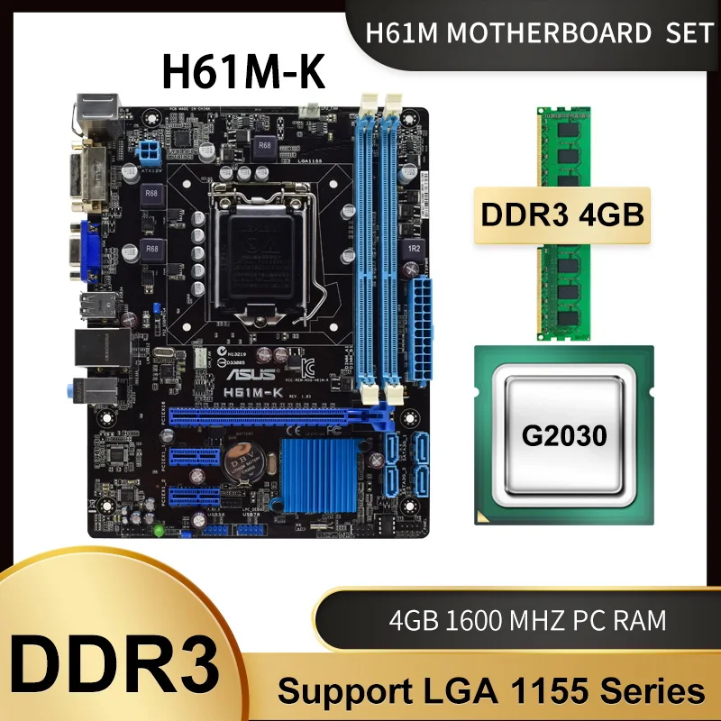 

ASUS H61M-K Motherboard LGA 1155 With Intel Pentium G2030 + 4GB DDR3 Motherboard Combo H61 Gaming Placa-mãe VGA Mainboard Set
