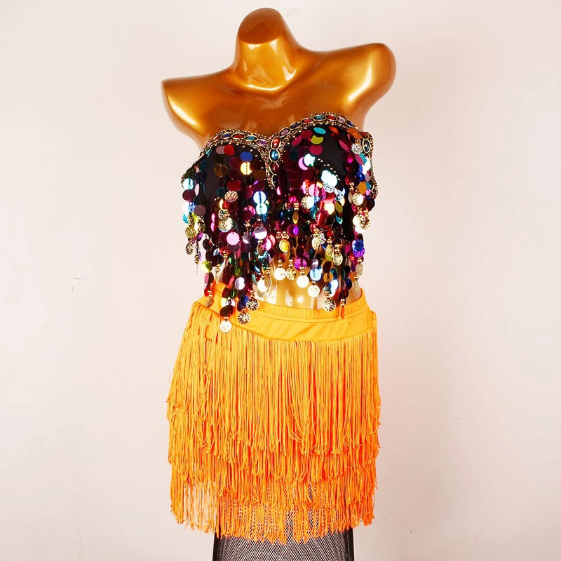 Латинское платье для танцев Для женщин юбка с бахромой большая блестками Топ и