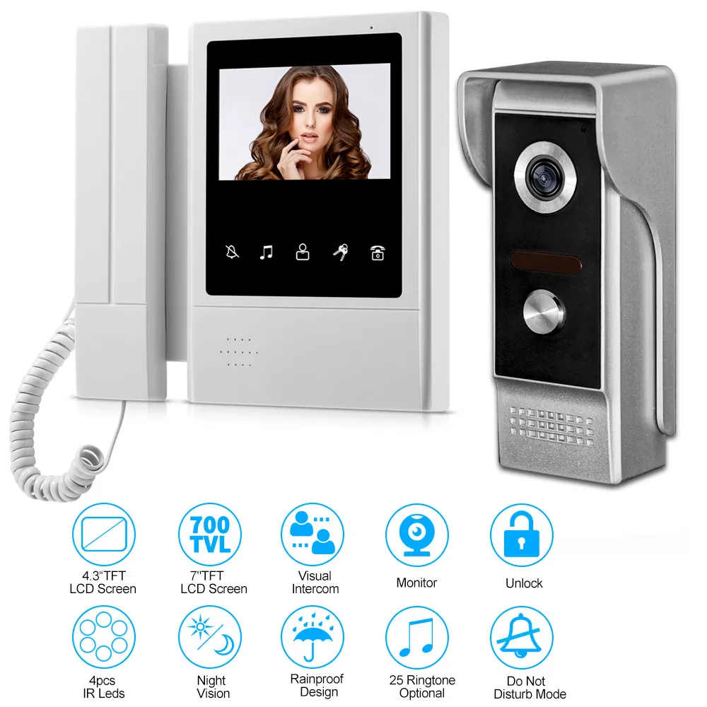 4.3" Wired Video Doorbell Intercom System Door Phone Monitor Screen with Night Vision Camera Two-way Audio 700TVL 25 Ringtones - купить