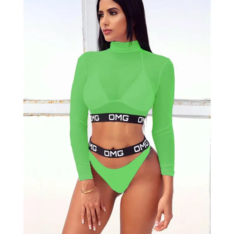

3PCS Women Swimming Costume Push-up Padded Bra Bikini Mesh Swimsuit Swimwear Set