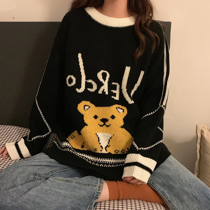 

Autumn and Winter New Lazy Hong Kong Flavor Retro Chic Loose Outer Wear Hedging Forest Bear Sweater Female Trend