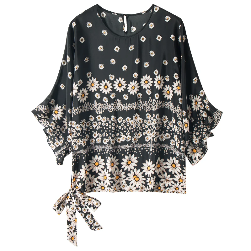 

SuyaDream Women Daisy Print Silk Blouses 100%Real Silk Butterfly Sleeves O Neck Blouse Shirt 2021 Summer Floral Top