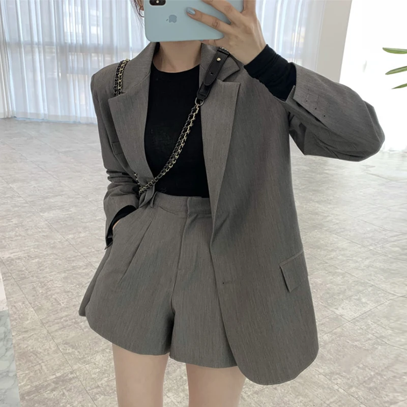 

New Oversize Solid Girls Blazer Women Suit long Sleeves Blazer Tops High Waist Wide Leg Trousers Two Piece Shorts Suits