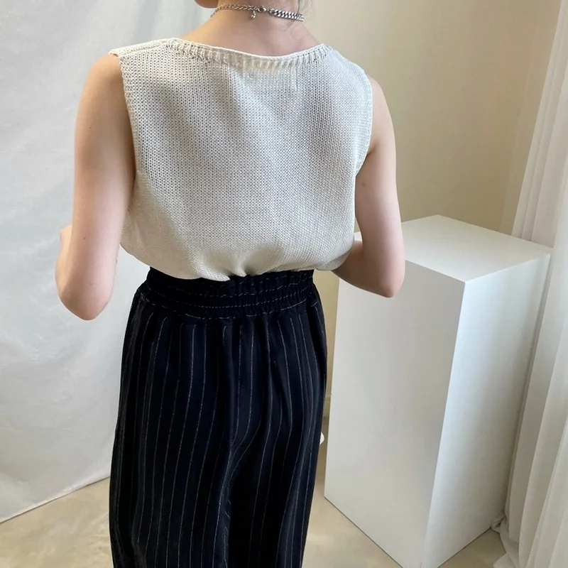 

Korean Chic Retro Summer Blouse Vest Women Clothing 2021 Sleeveless O Neck Knitted Shirt Woman Casual Loose Female Tops 15520
