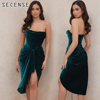 womens midi dresses sexy strapless tube top velvet solid color irregular split bodycon party evening club drapped dress female