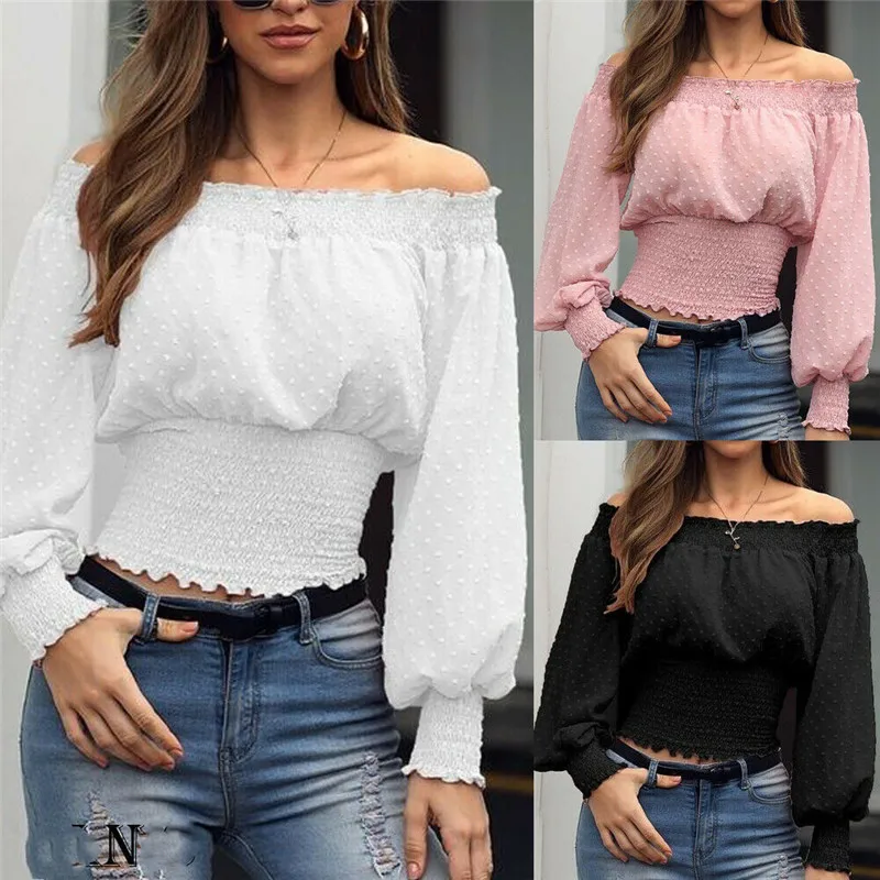 

2019 Autumn New Women Blouse Long Sleeves Off-shoulder Shirts High Street Women Fall Fashion Tops Blouses Sexy Plus Size Shirt