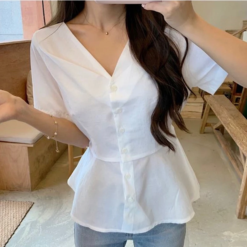 

Блузка Alien Kitty Женская однотонная с поясом, модная универсальная однобортная офисная рубашка с отложным воротником и рукавами, лето 2021