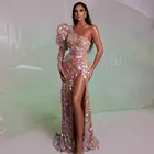 Сексуальное блестящее вечернее платье на одно плечо, женское платье с высоким разрезом и длинным рукавом, модель 2022 года, вечерние платья, вечернее платье