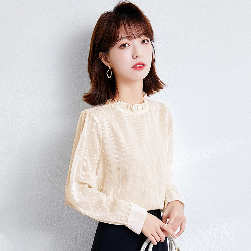 

Chiffon Women's Blouse Party Girl's Shirt Summer Slim Solid Long Sleeve Top O-neck Fashion Casual Office Lady Blusas Houthion