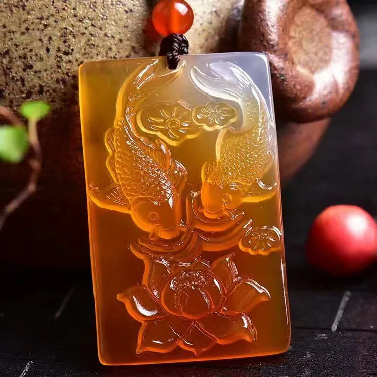 

Natural Jade Double Fish Lotus Pendant Necklace Drop Shipping Hand-carved Lucky Amulet Lovers Necklace For Men And Women