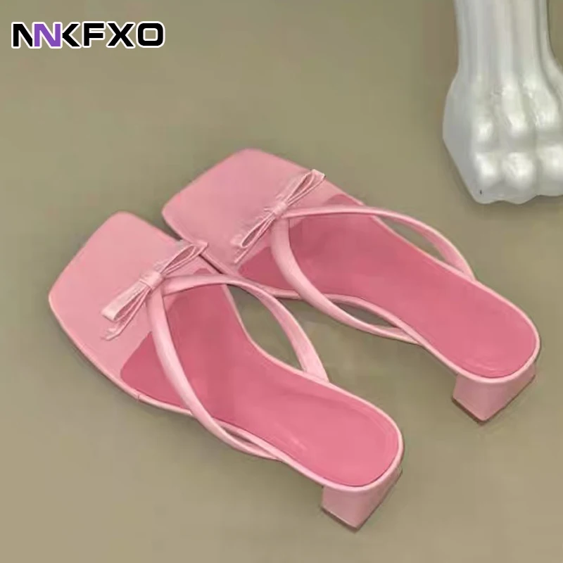 

2022 New Slipper High Heels Shoes summer Best Street Look Females Square Head Open Toe Clip-On bow Sandals Women vc3274