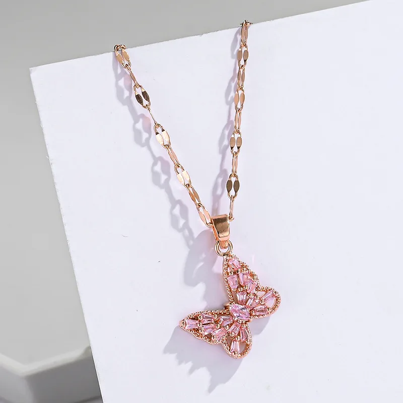 Inlay Titanium Steel Butterfly Necklace Female 18K Clavicle Chain Tide Net Red Pendant Ins Fashion Simple Temperament Ornament | Украшения