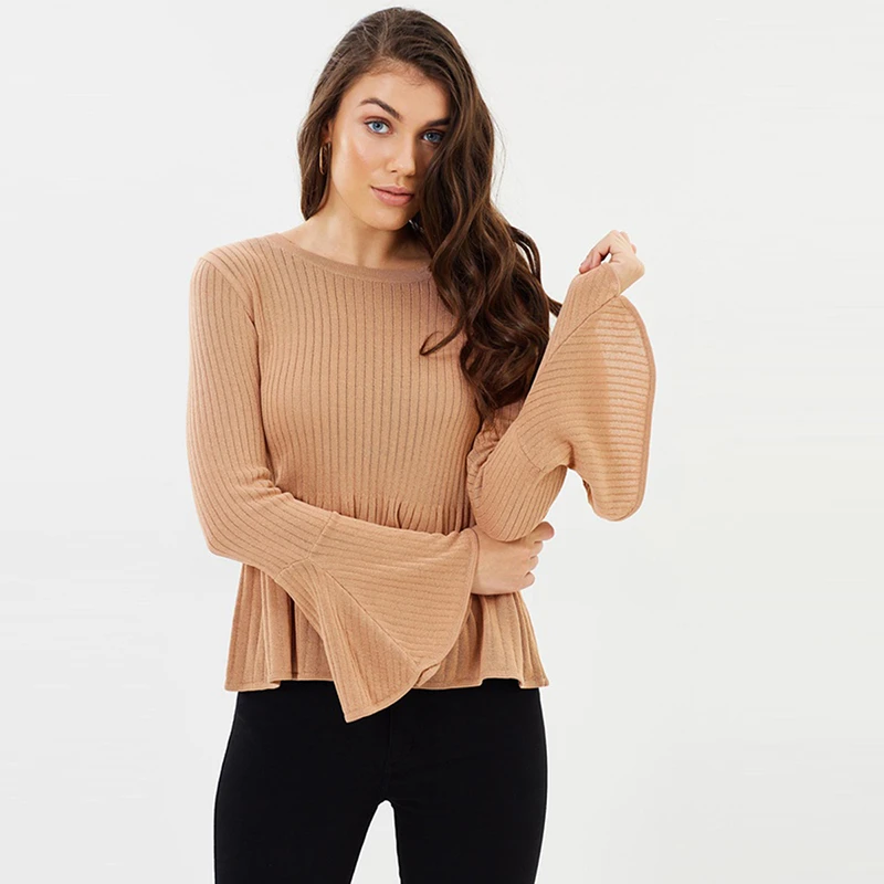 HYH HAOYIHUI 2019 Euro-American style simple pure-color bell sleeve bottom early autumn round collar Pullover knitted shirt | Женская