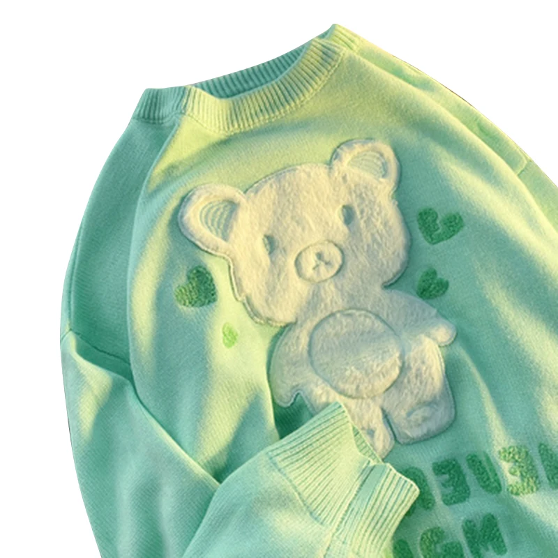 

Green Sweater Women O-Neck Full Sleeve Loose Plush Bear Pullovers Women 2022 Autumn Spring Korean Cute Knitwear Female CX2448