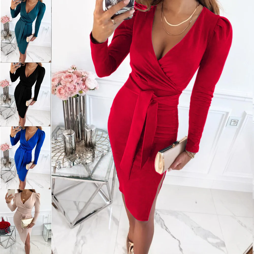 

2022 New Sexy V-Neck Sexy Female Commuter Belt Pure Color Dress Temperament Long-Sleeved Dress Sense Of Spring Creamy-Coloured