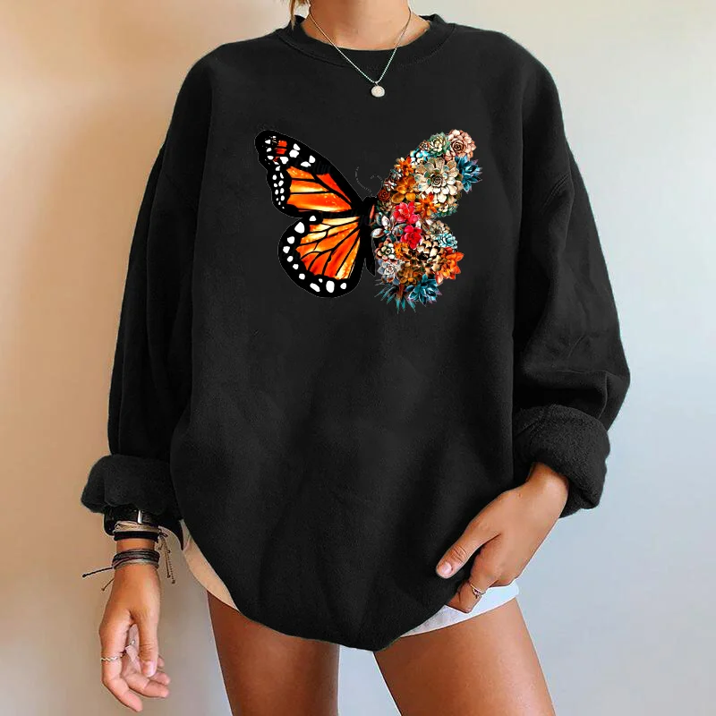 

Color Butterfly Flower Print Sweatshirts Streetwear Women Long Sleeve Crewneck Sweatshirt Drop-shoulder Pullover Sudadera Mujer