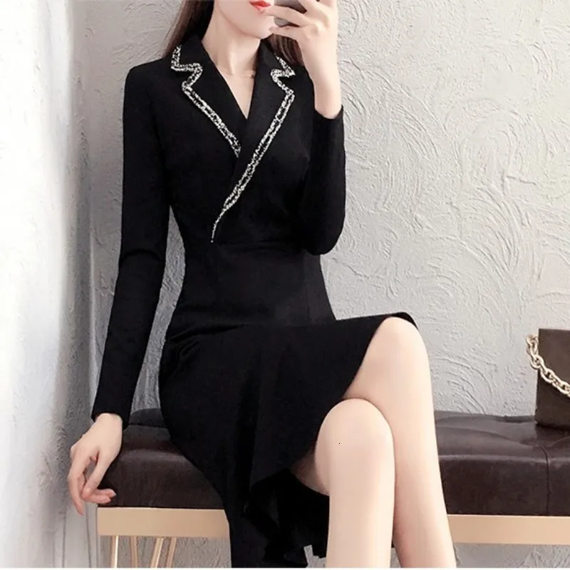Spring New Office Dress Women Elegant V-Neck Black Mermaid Fashion Long Sleeve Slim Fit Party Medium S-2XL | Женская одежда