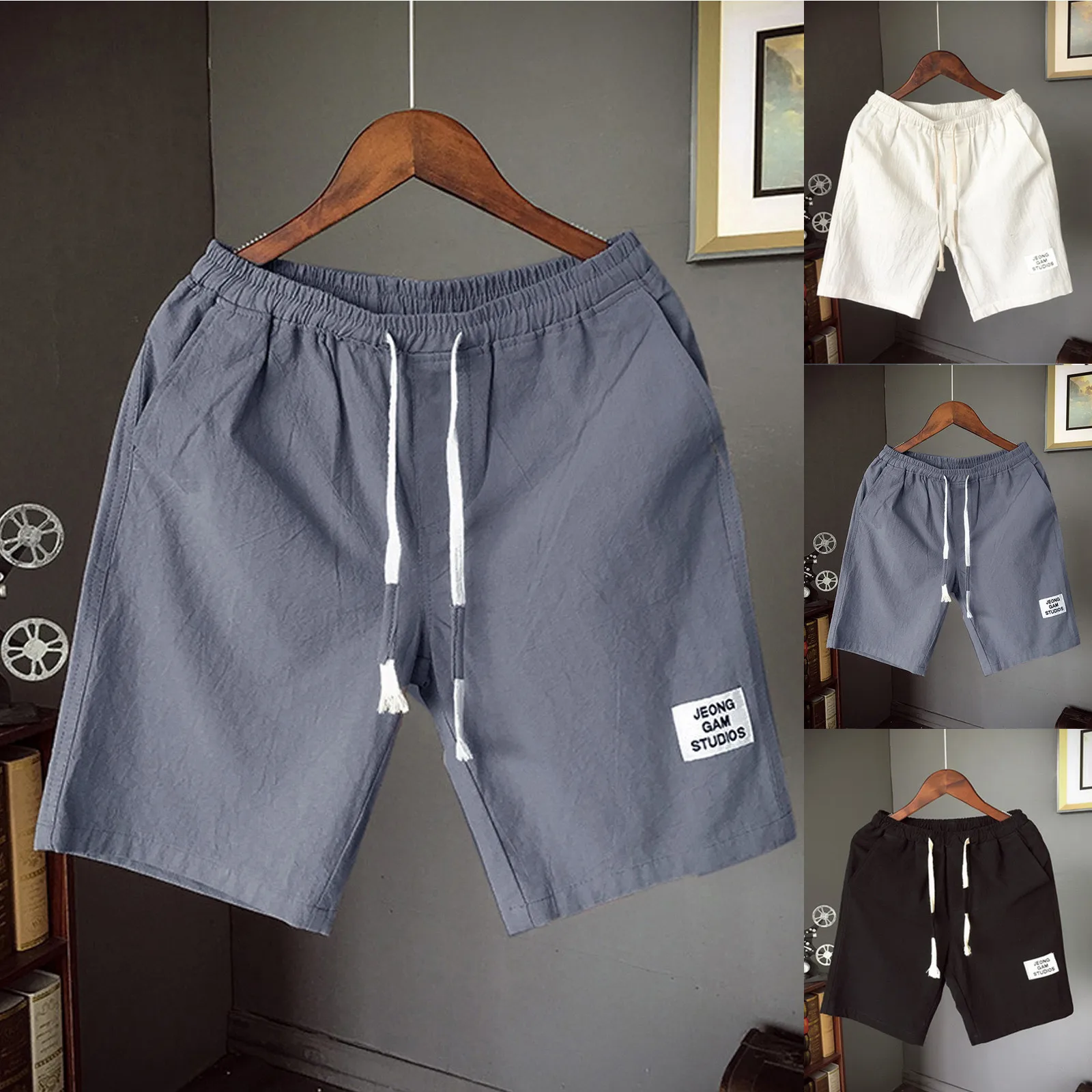 

2021 New Men's Summer Short Fashion Leisure Flax Large Size Loose Belt Drawstring Beach Shorts High Quality Simple Daily Shorts