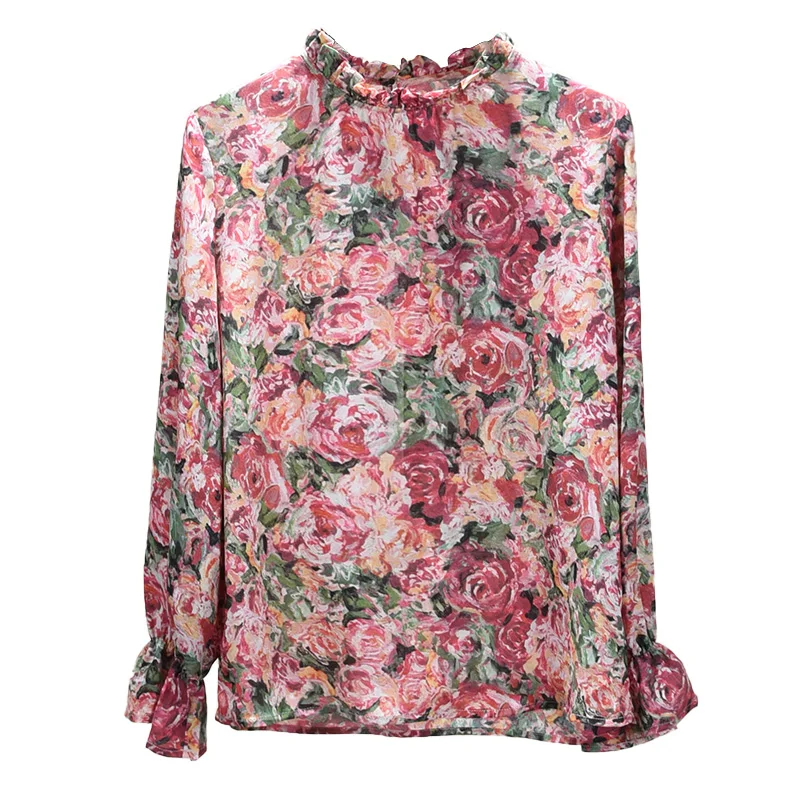 

Women's Floral Shirt New 2021 Spring Fashion Korean Style Loose Ruffled Collar Long Sleeve Bottoming Chiffon Top Lady Blouses