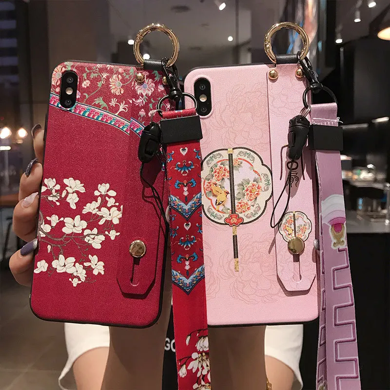 

3D Embossed Cases Phone Case For Samsung S8 9 10 20 21 22 Ultra Plus Note8 9 10 20 Ultra Plus Wriste Stap Lanyard Back Covers