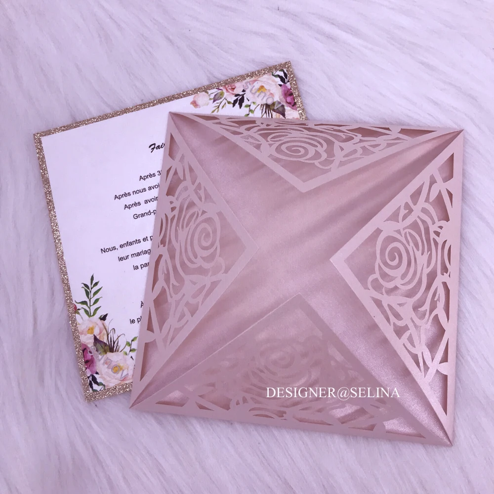 Пригласительные розовые золотые блестящие приглашения на свадьбу с лазерной