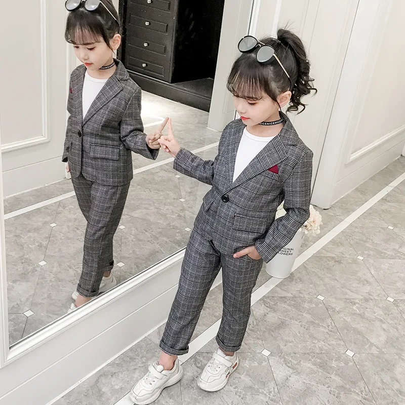 New Teenage Girls Clothing Set Autumn Girls Plaid Suit Jackets +Pants School Tracksuit Girls Clothes Children Clothes 8 10 Year