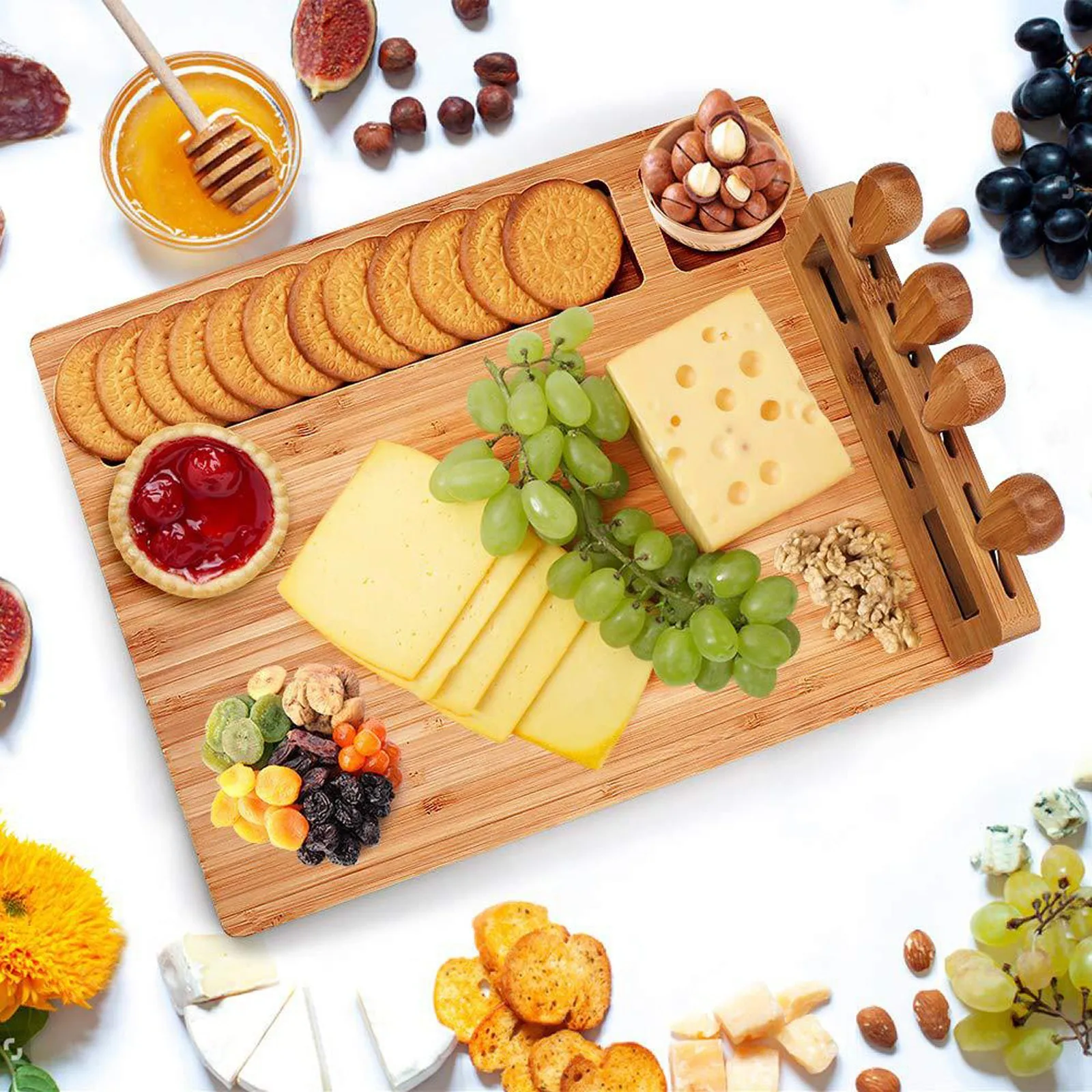 

1 Set Eco-friendly Reusable Safe Complete Bamboo Cheese Knives Cutting Boards Kitchen Charcuterie Platter Cutter Serving Tray