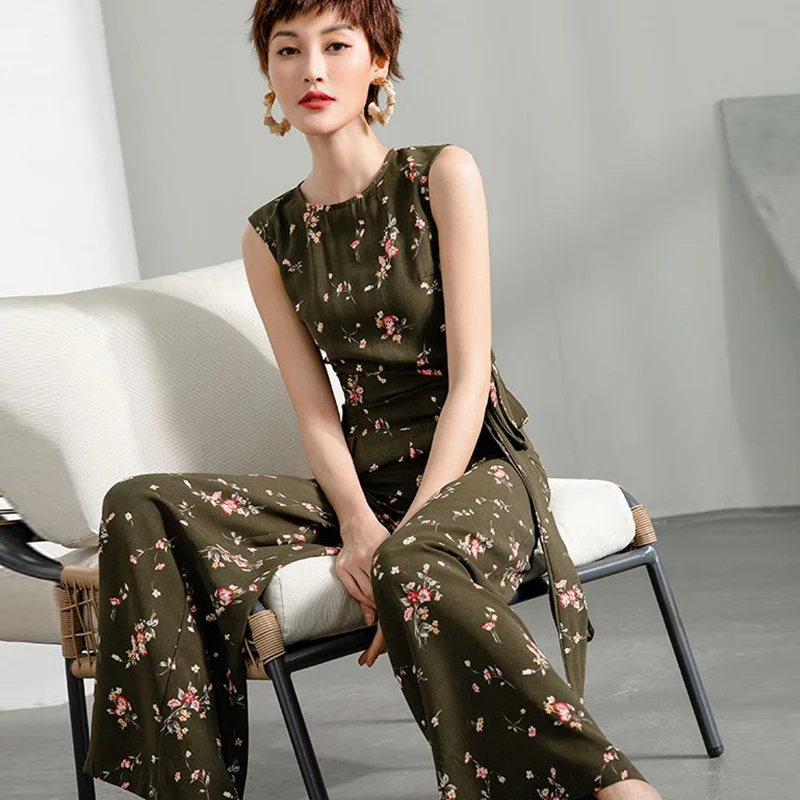 2020 Women Summer Jumpsuit Party High Street Chiffon Elegant Wide Leg Print Floral Rompers with Sashes Plus Size 3XL 4XL