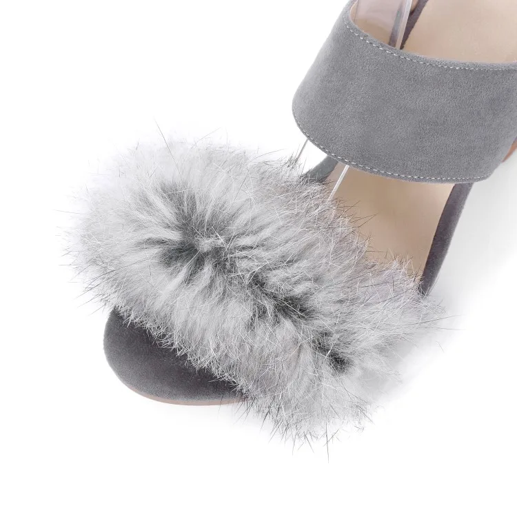 Сандалии женские с кроличьим мехом босоножки на высоком квадратном каблуке и