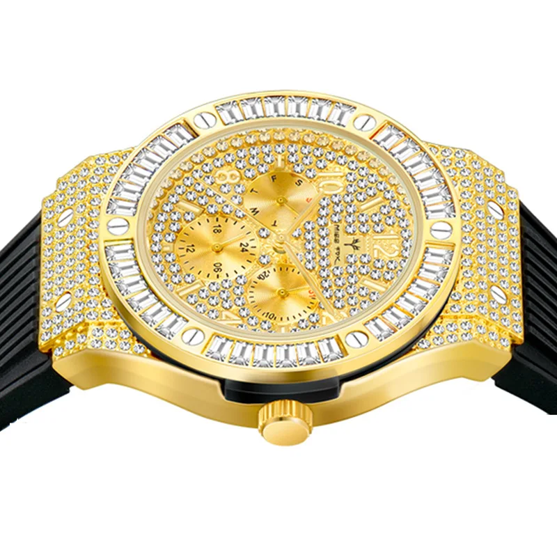 

Men's Quartz Watch Full Diamond Gold Rubber Strap Luxury Sports Male Clock Waterproof Fashion Hip Hop Cool Men's Wrist relojes